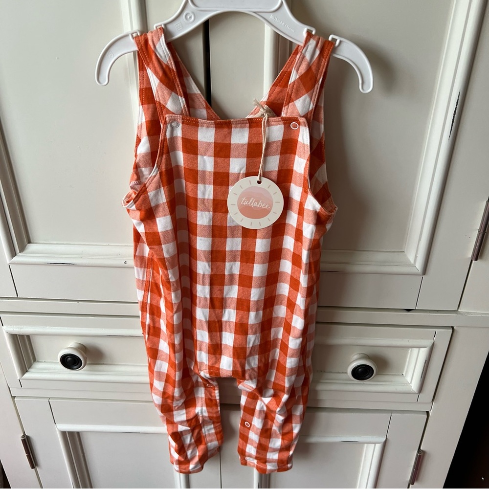 Tullabee Bamboo Orange Gingham Plaid Snap Overall